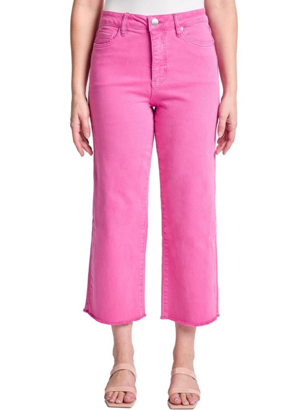 High Rise Frayed Hem Wide Leg Jeans - Stretch Denim, Tummy Control, Size